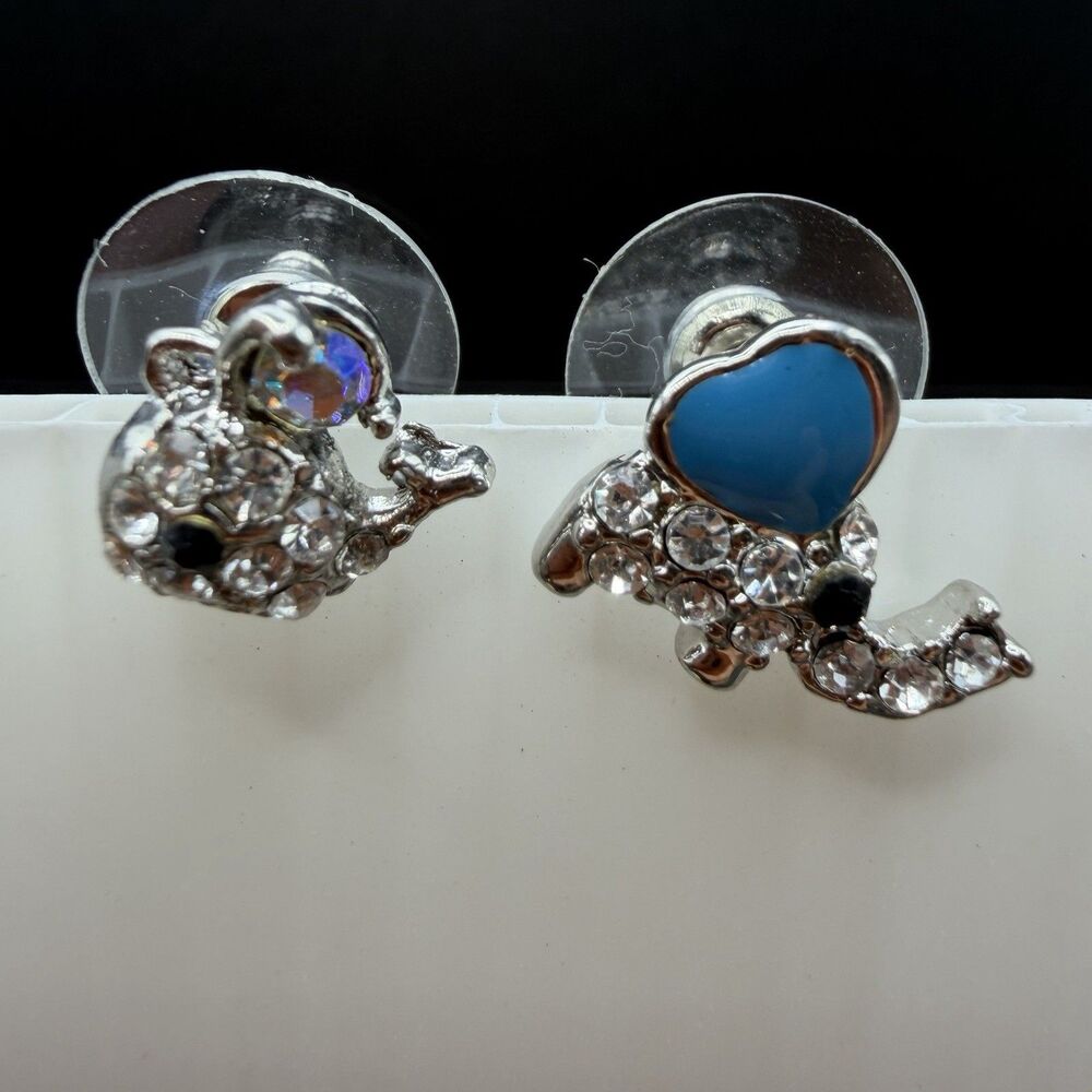 Y2K Elephant Whale Stud Earrings Silver Tone Rhinestone Enamel Cute Novelty Gift